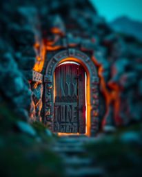A captivating image featuring an ancient doorway embedded within a mountain, illuminated by glowing runes and enhanced with a