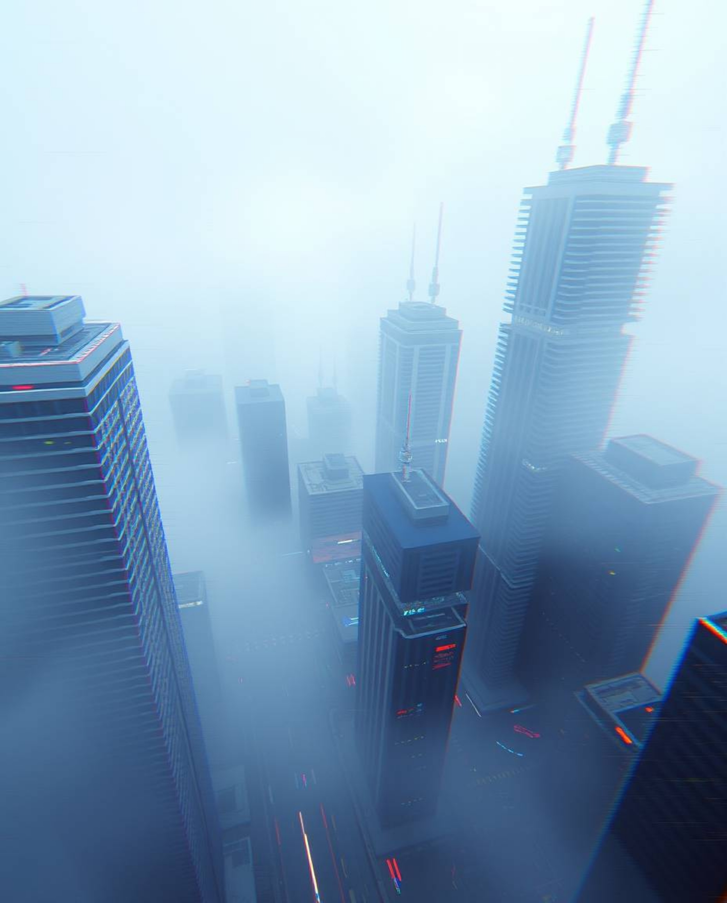 A captivating high-angle shot showcases a glitchy digital landscape. Distorted skyscrapers pierce a thick fog, veiled in stat