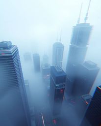 A captivating high-angle shot showcases a glitchy digital landscape. Distorted skyscrapers pierce a thick fog, veiled in stat
