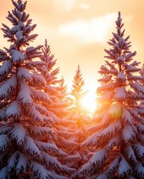 This fine art photograph captures the serene beauty of sunset light sparkling on snowy pine trees. Characterized by soft cont
