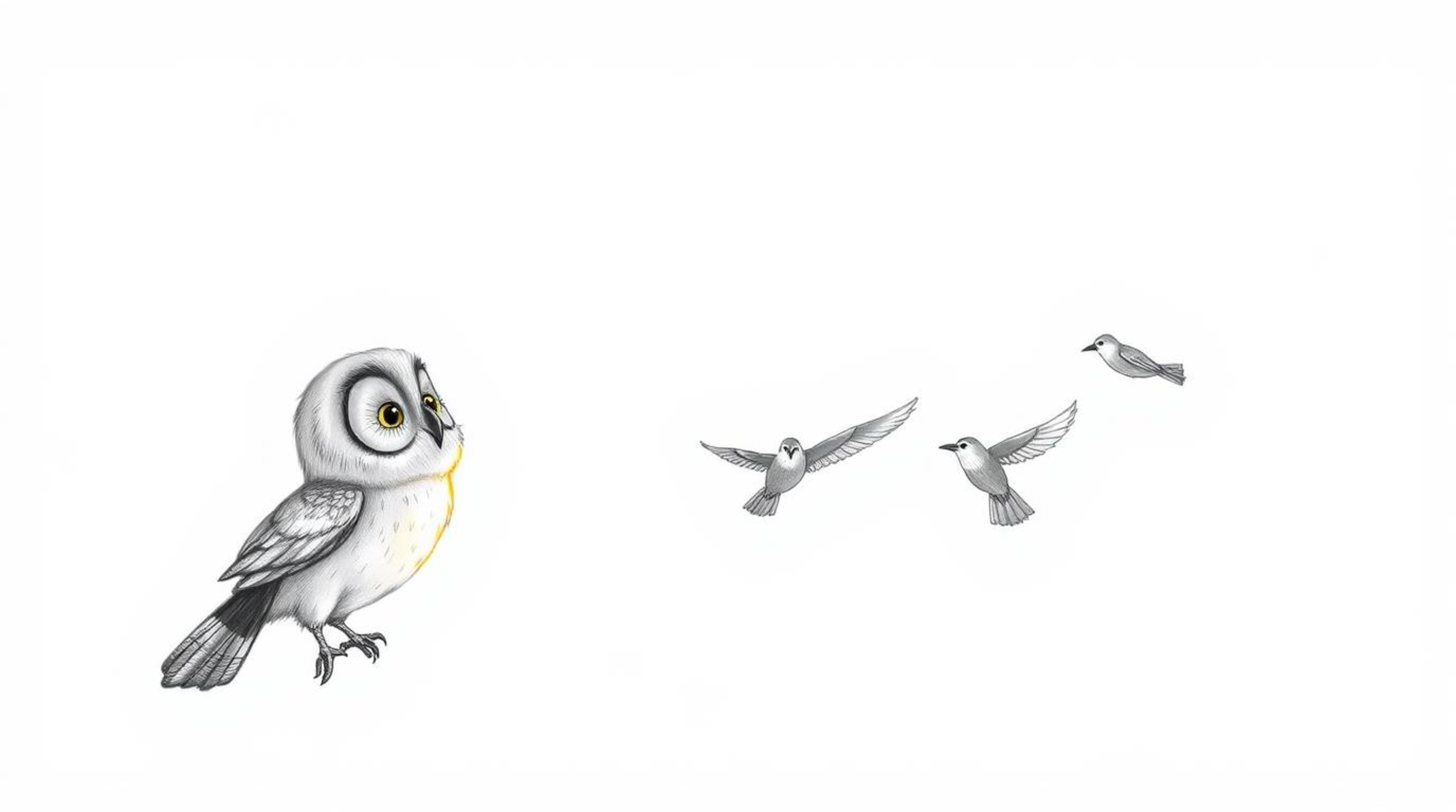 A heartwarming hand-drawn sketch in Pixar style depicts a wise, blind owl with soft, detailed feathers, some glowing from a s
