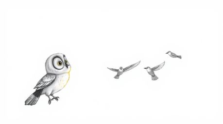 A heartwarming hand-drawn sketch in Pixar style depicts a wise, blind owl with soft, detailed feathers, some glowing from a s