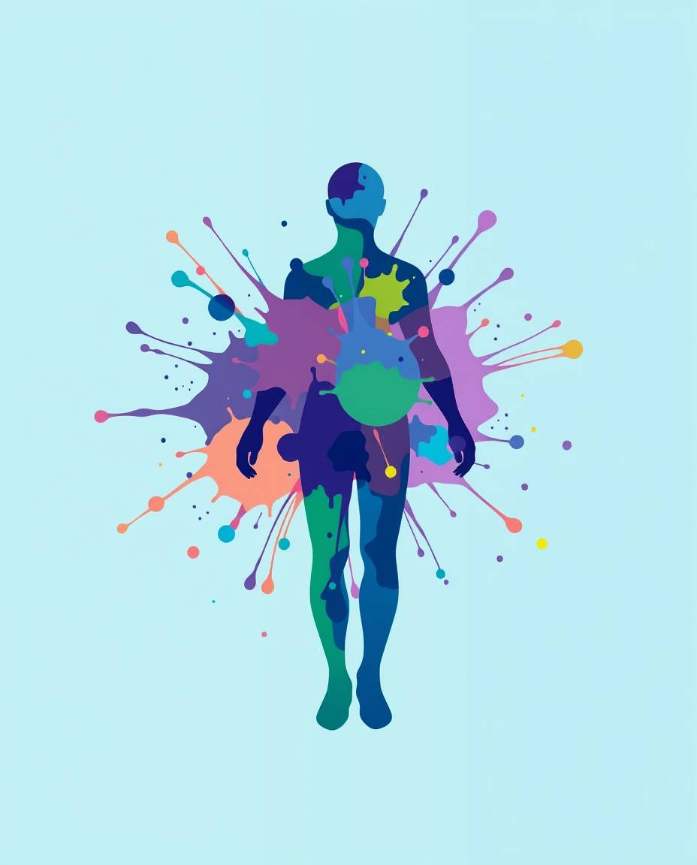 This modern flat design features a striking human silhouette formed from vibrant and colorful splash patterns, rendered in a 