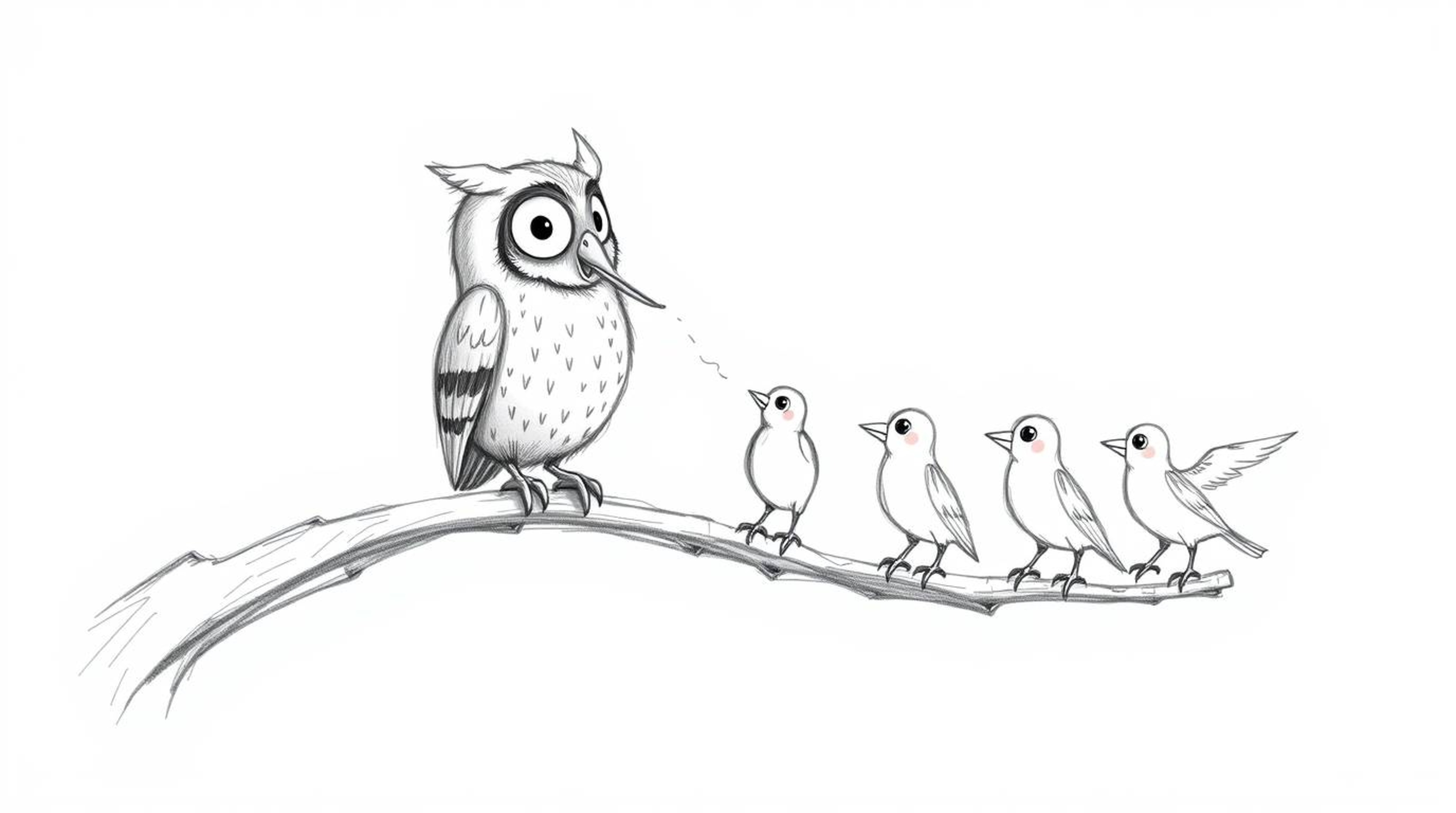A heartwarming hand-drawn sketch in the style of Pixar depicts a blind owl with soft, downy feathers, perched on a hollow bra