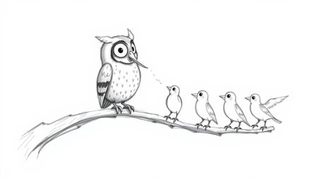 A heartwarming hand-drawn sketch in the style of Pixar depicts a blind owl with soft, downy feathers, perched on a hollow bra