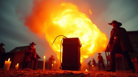 Experience a classic exploding TNT gag set in the wild west, captured from a low angle perspective. Warm candlelight and soft