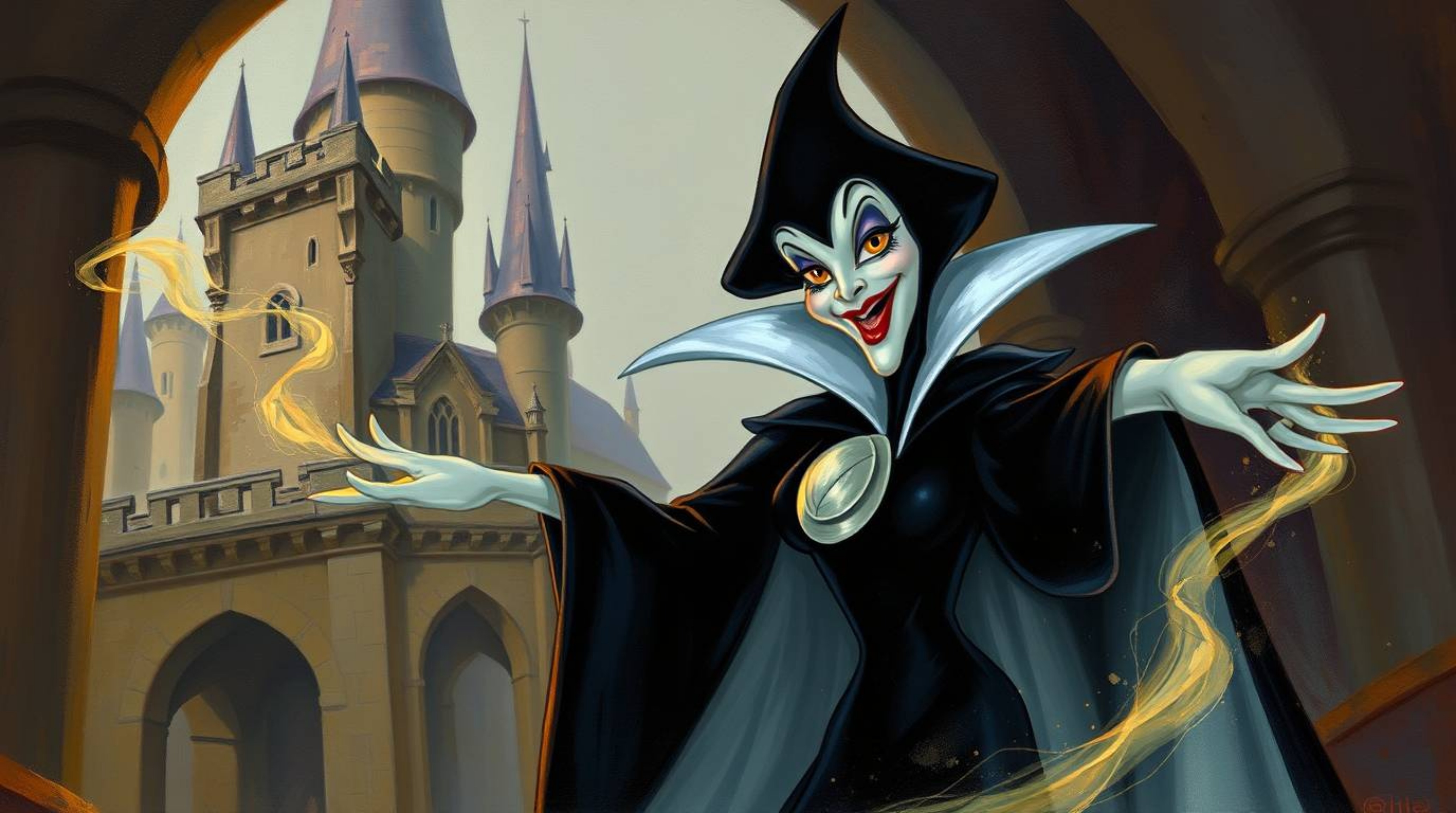 A captivating portrayal of a classic Disney villain, rendered in the timeless style of oil painting. The scene depicts the vi