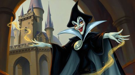 A captivating portrayal of a classic Disney villain, rendered in the timeless style of oil painting. The scene depicts the vi