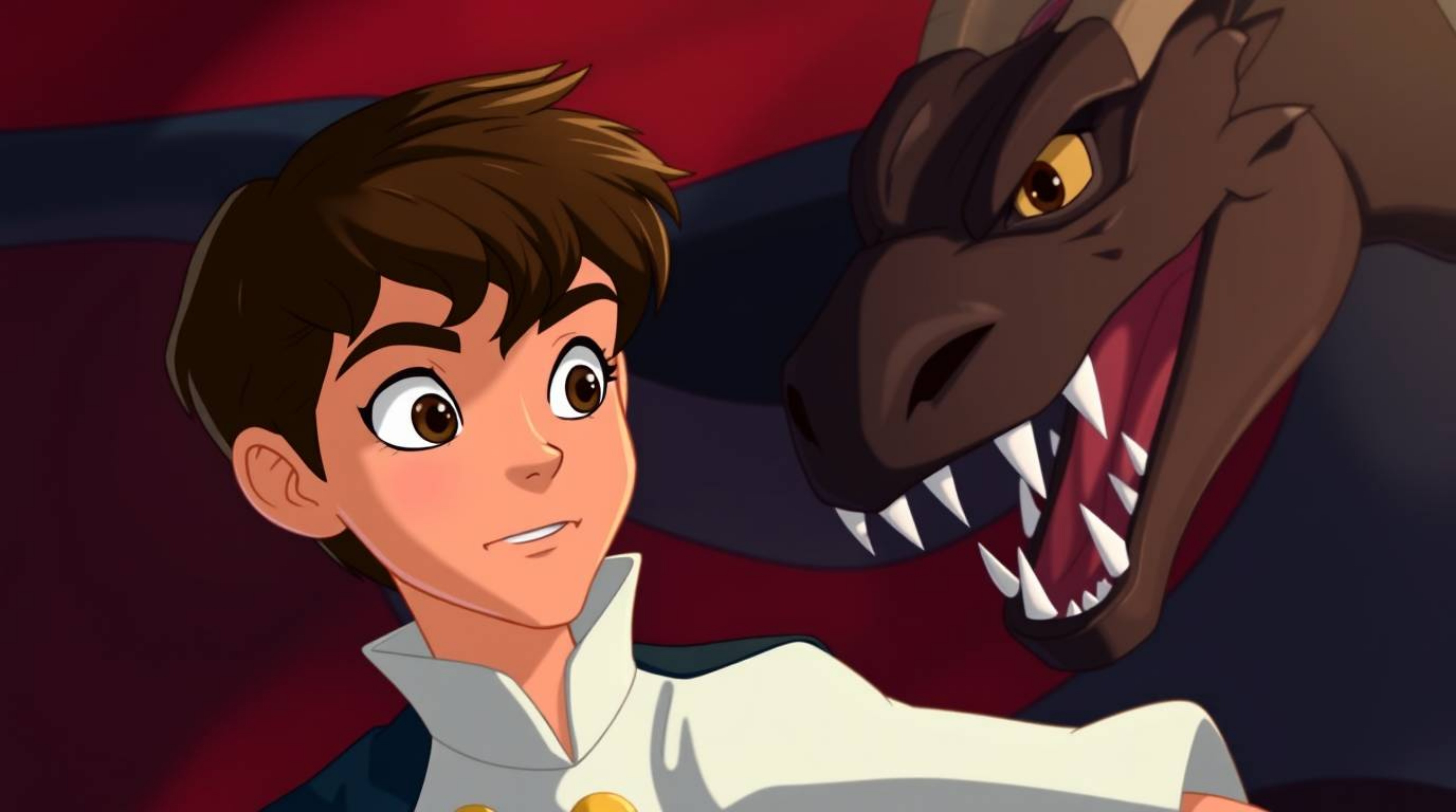 A captivating image depicting a charming prince with fair skin and dark eyes bravely battling a fierce dragon. Rendered in a 