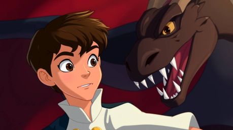 A captivating image depicting a charming prince with fair skin and dark eyes bravely battling a fierce dragon. Rendered in a