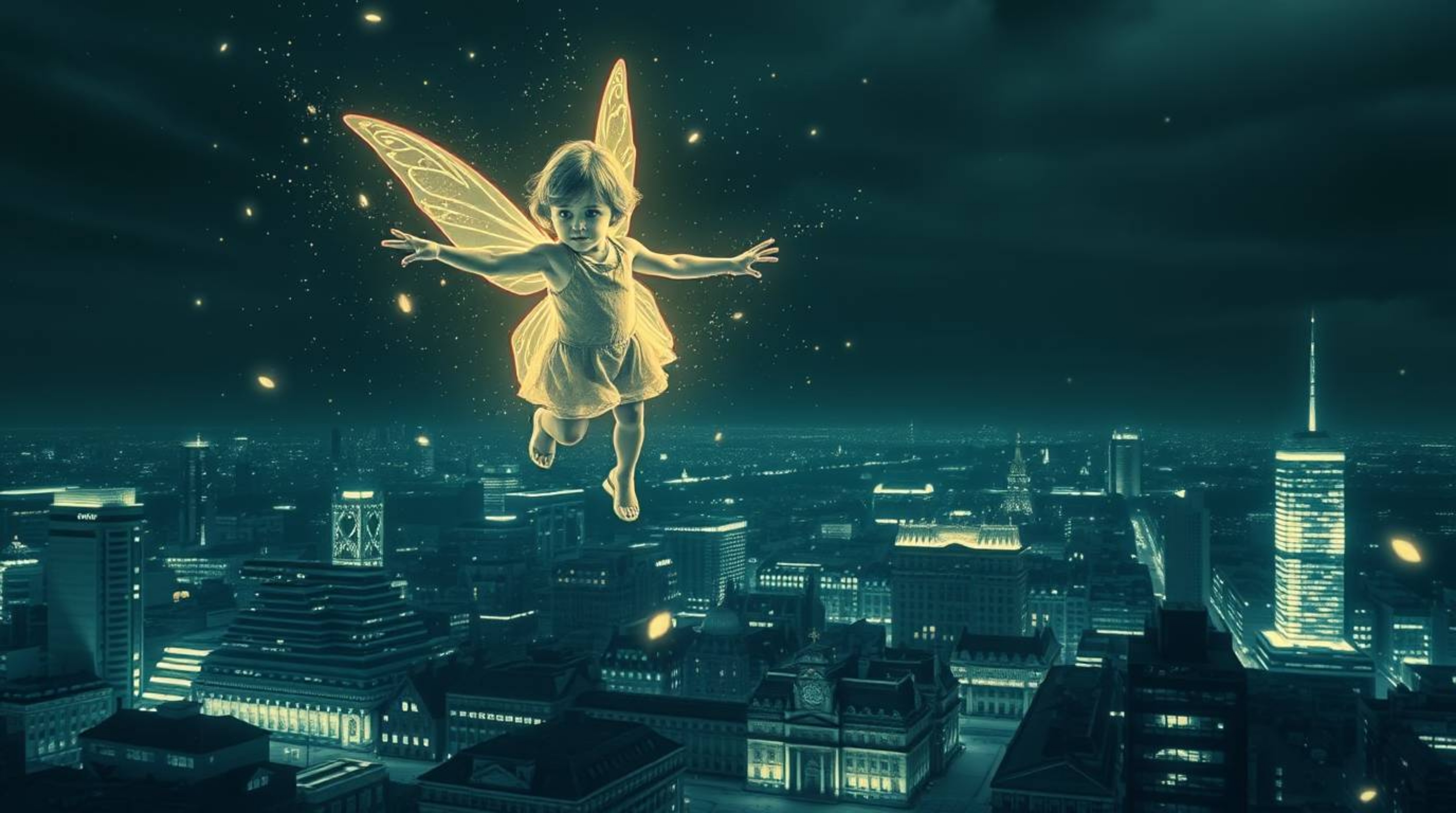 A young boy, radiating an ethereal glow, soars above the London skyline, propelled by pixie dust.  Rendered in unsettling inf