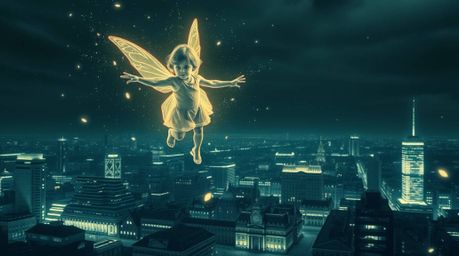 A young boy, radiating an ethereal glow, soars above the London skyline, propelled by pixie dust.  Rendered in unsettling inf