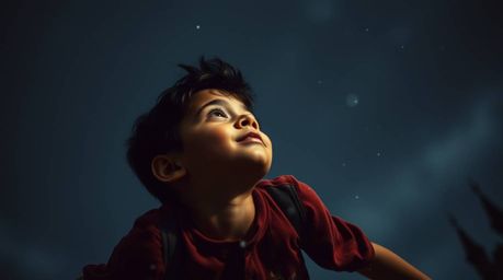 A captivating image depicts a young boy with olive skin soaring above the London skyline, sprinkled with magical pixie dust. 
