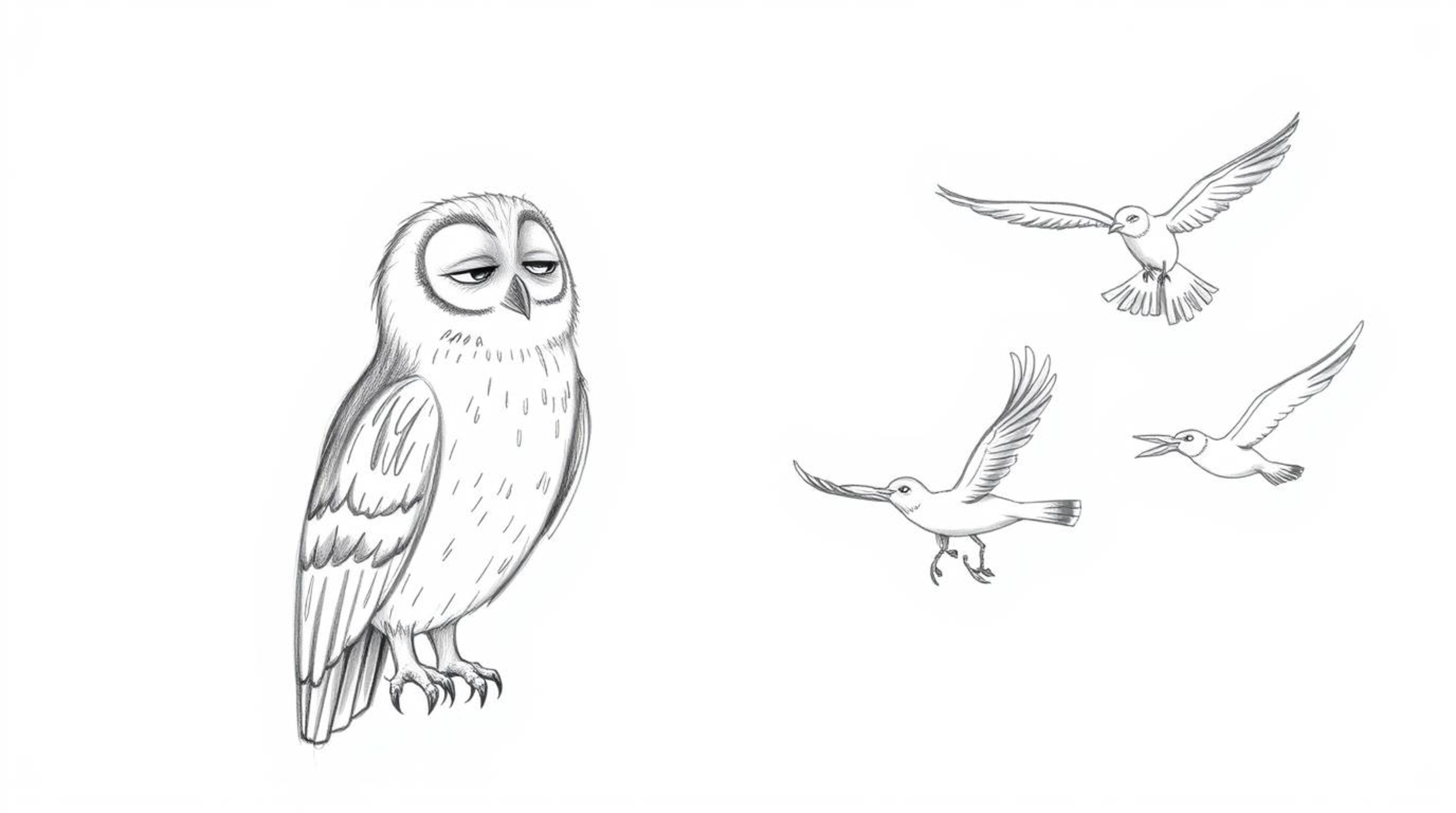 A heartwarming, hand-drawn sketch in the style of Pixar features a blind owl, eyes closed in gentle wisdom, patiently teachin
