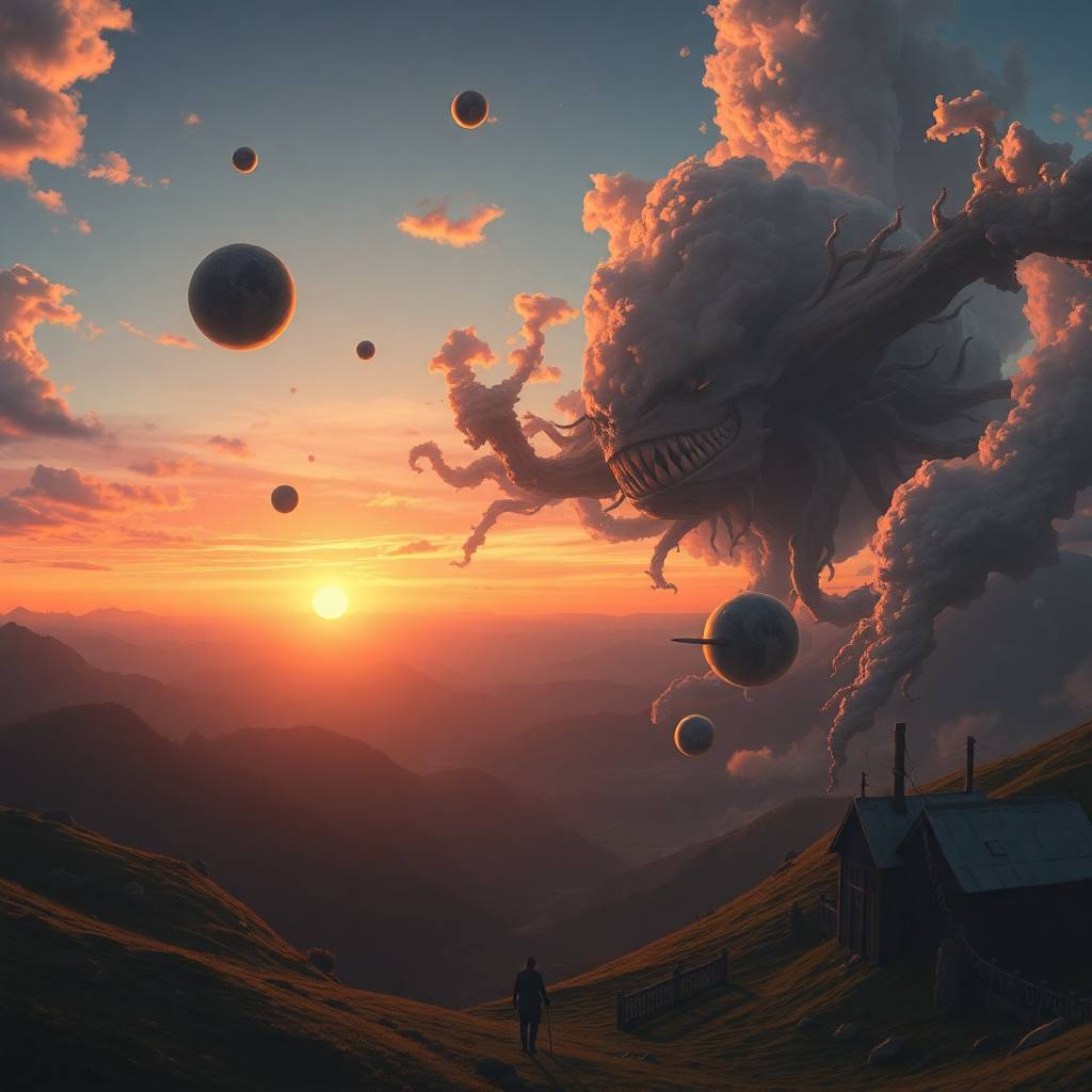 Experience a dreamlike and surreal sunset over a quiet mountain valley, where fantastical elements and bizarre scenes seamles