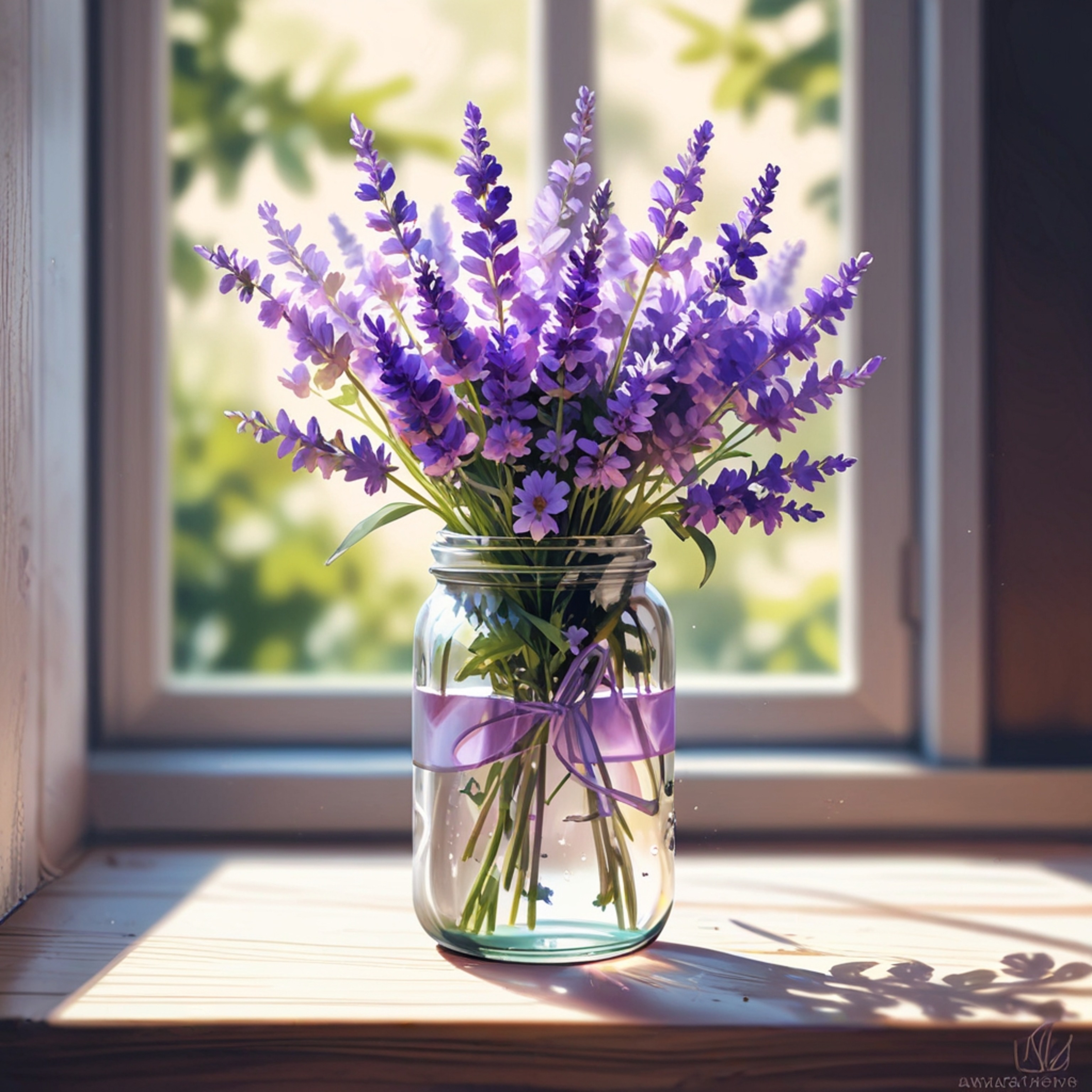 Capture the essence of tranquility with this image showcasing a delicate lavender bouquet nestled within a vintage glass jar.