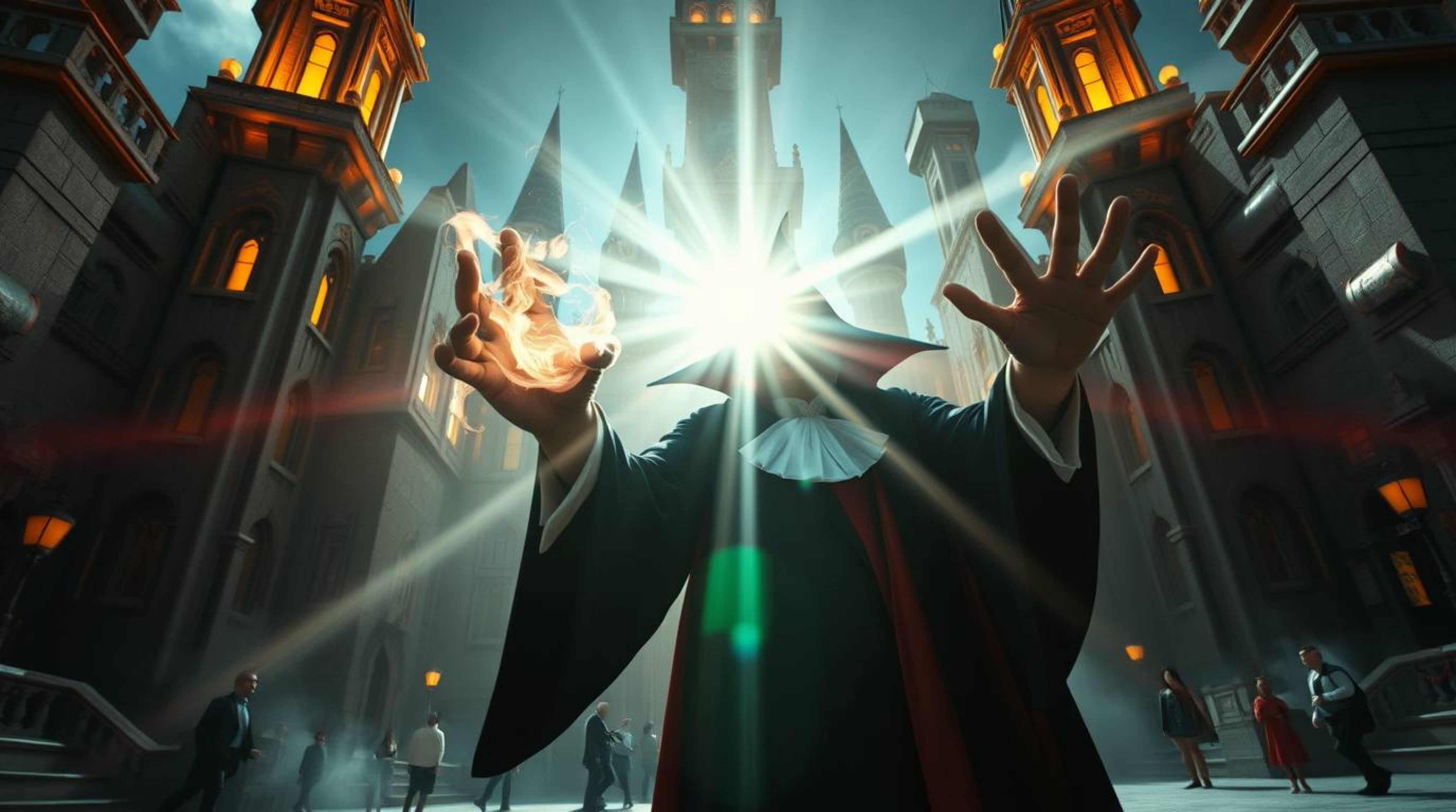 Capture the epic scene of a classic Disney villain casting a spell in a massive, futuristic castle, amidst a vibrant urban se