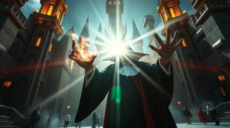Capture the epic scene of a classic Disney villain casting a spell in a massive, futuristic castle, amidst a vibrant urban se