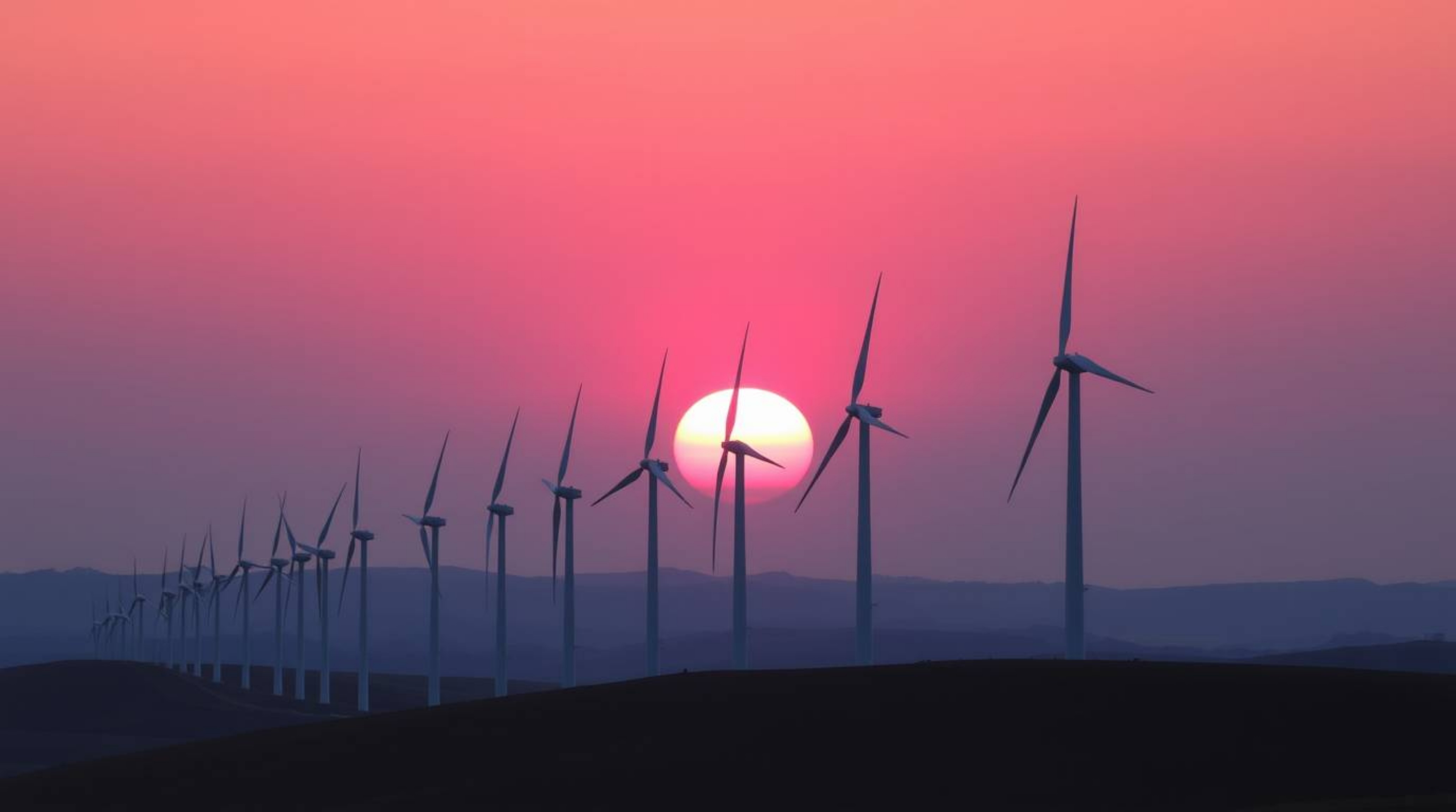 Capture the beauty of renewable energy with this high-resolution stock photo showcasing a stunning sunset behind a row of win