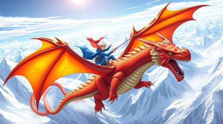 A breathtaking image capturing a dragon and its rider soaring dynamically above a landscape of icy mountains. The scene burst