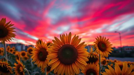 Capture the spontaneous beauty of a sunflower field bathed in the dramatic light of a deep red and purple sunset. This image 