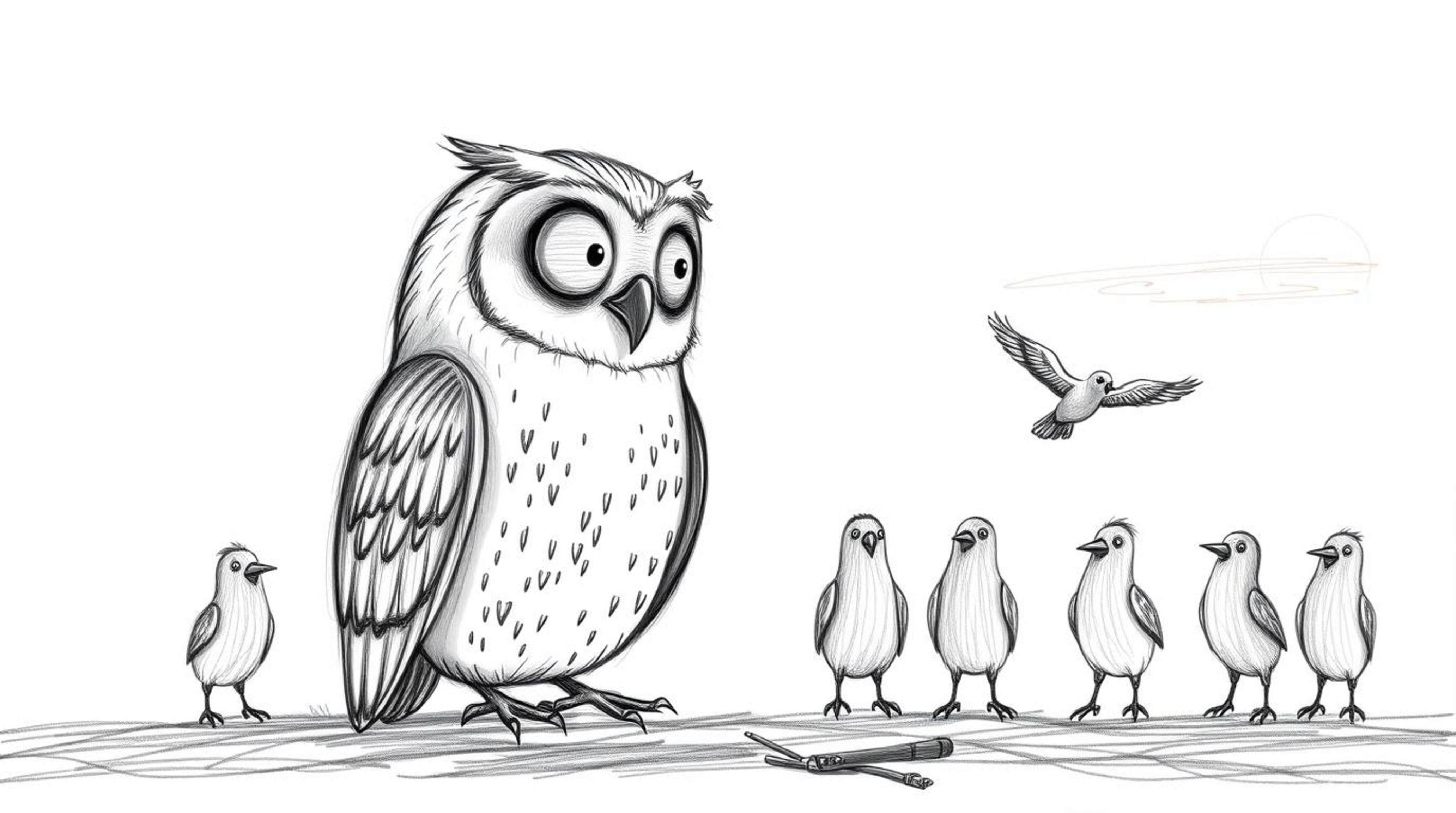 A charming hand-drawn sketch in the style of Pixar depicts a wise, blind owl patiently teaching a class of flying birds at su