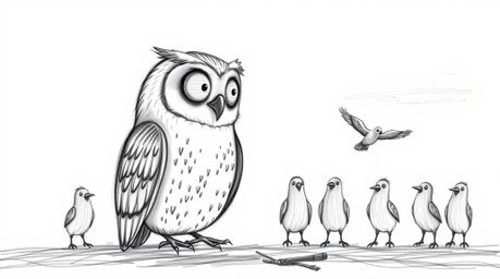 A charming hand-drawn sketch in the style of Pixar depicts a wise, blind owl patiently teaching a class of flying birds at su
