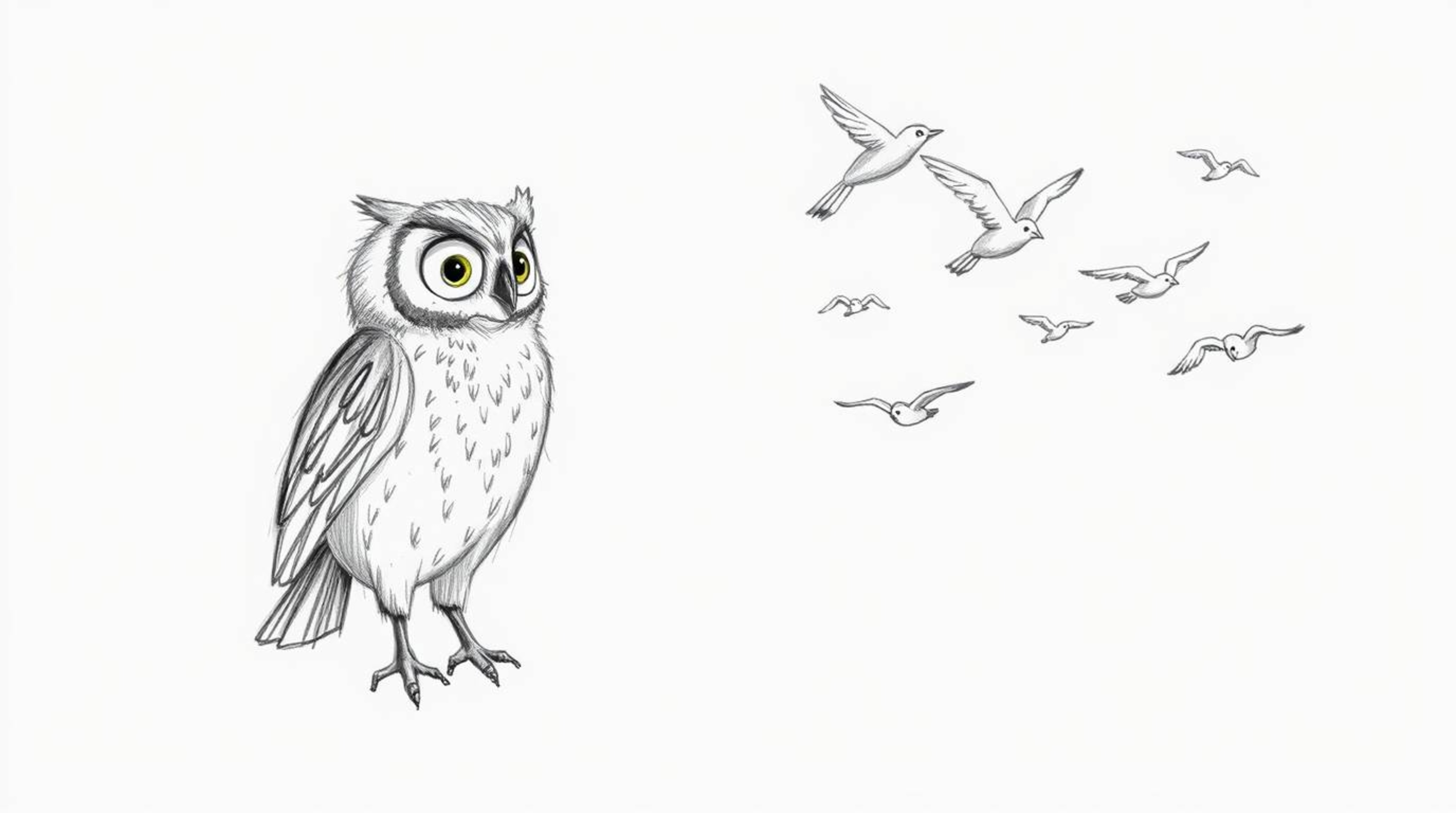 A heartwarming hand-drawn sketch in the style of Pixar depicts a blind owl, rendered with soft, textured pencil strokes, teac