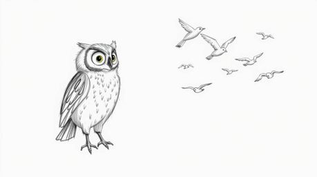 A heartwarming hand-drawn sketch in the style of Pixar depicts a blind owl, rendered with soft, textured pencil strokes, teac