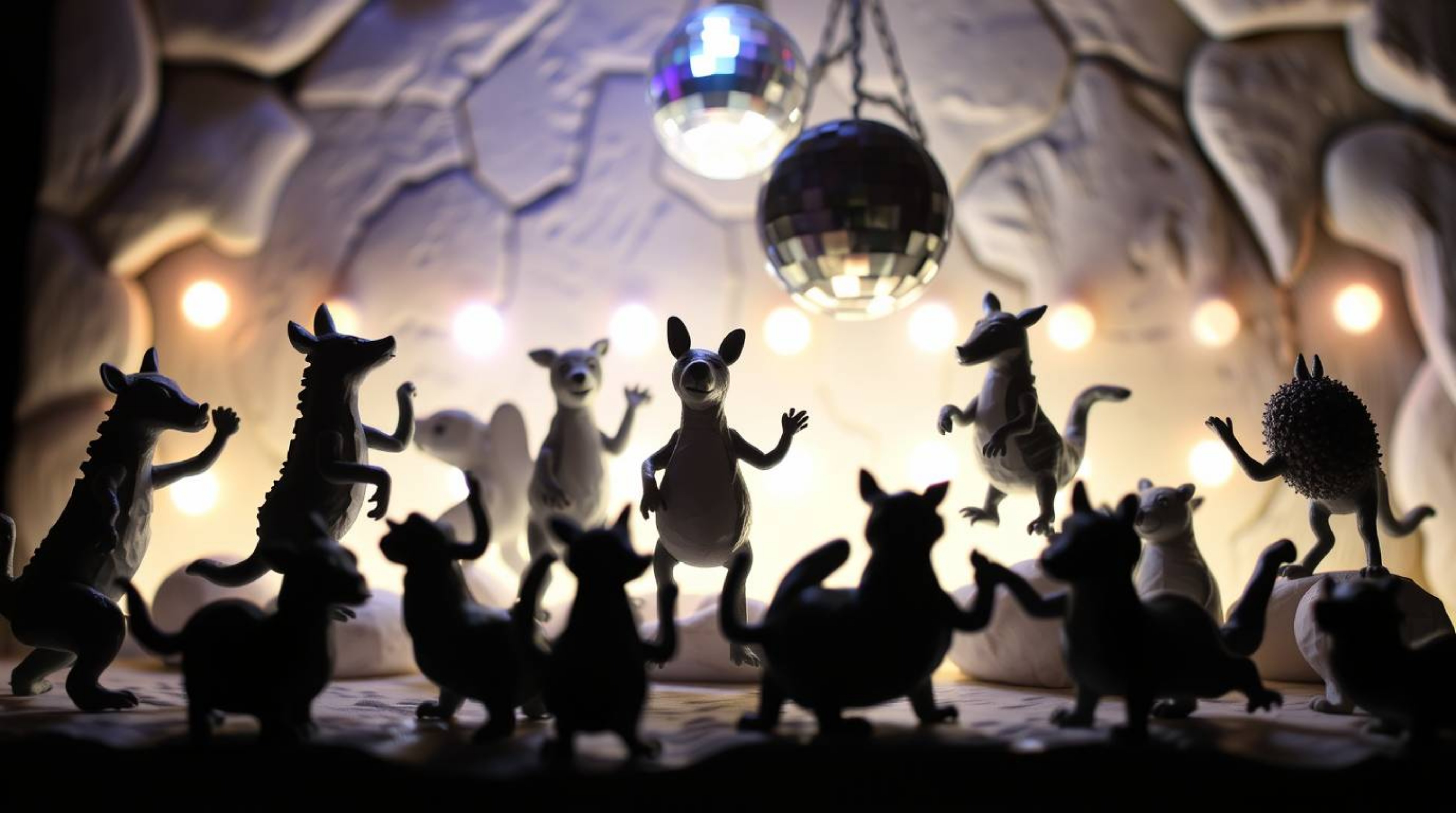 This sculptural clay art piece captures the energy of an animal dance party illuminated by dazzling disco lights.  The artwor