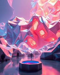 Experience an epic scene featuring intricate origami-style smooth 3D fluid metallic shapes on a massive scale, illuminated wi