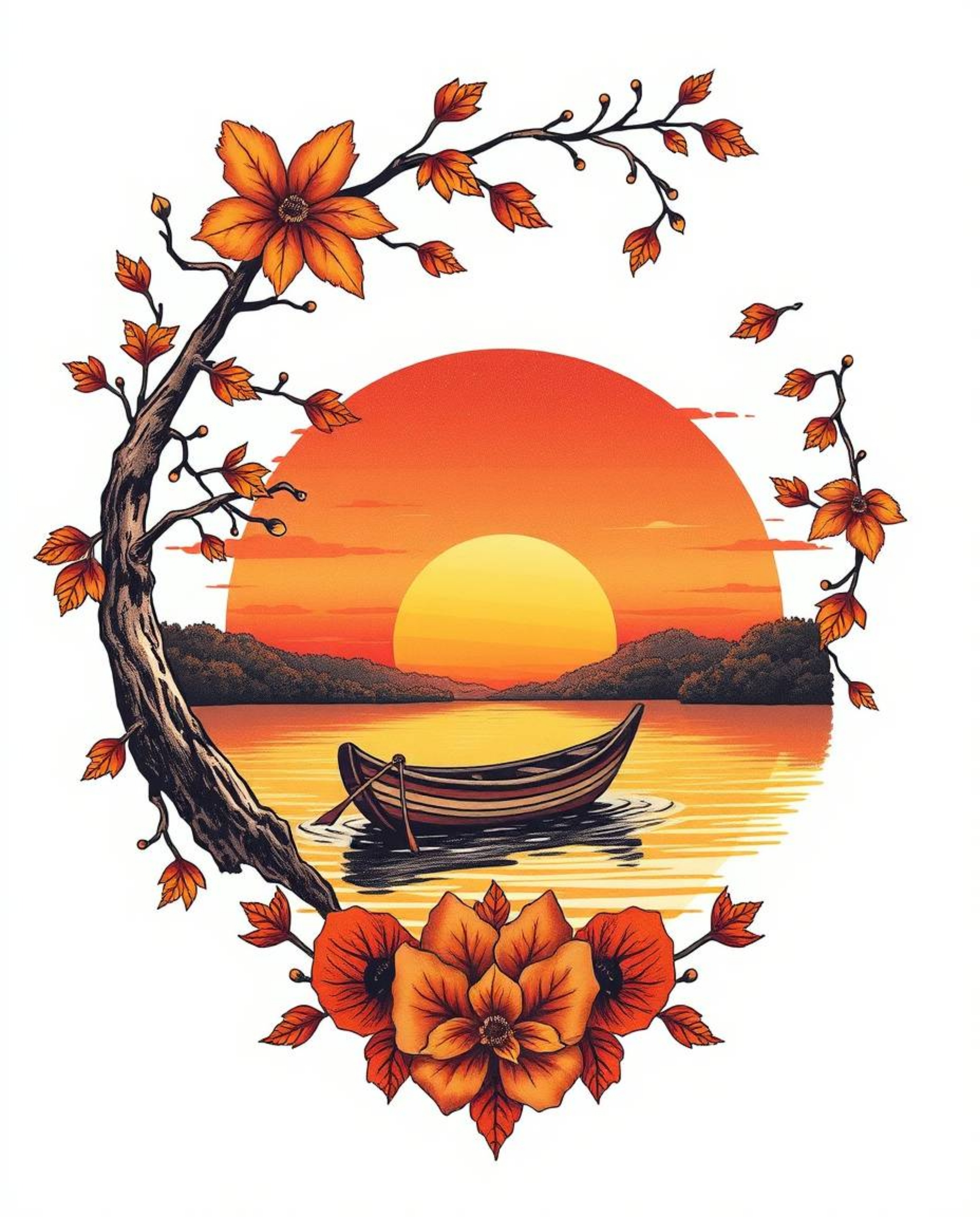This is a traditional tattoo-style art print depicting a boat drifting on a lake at sunset. The artwork is characterized by i