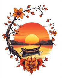 This is a traditional tattoo-style art print depicting a boat drifting on a lake at sunset. The artwork is characterized by i