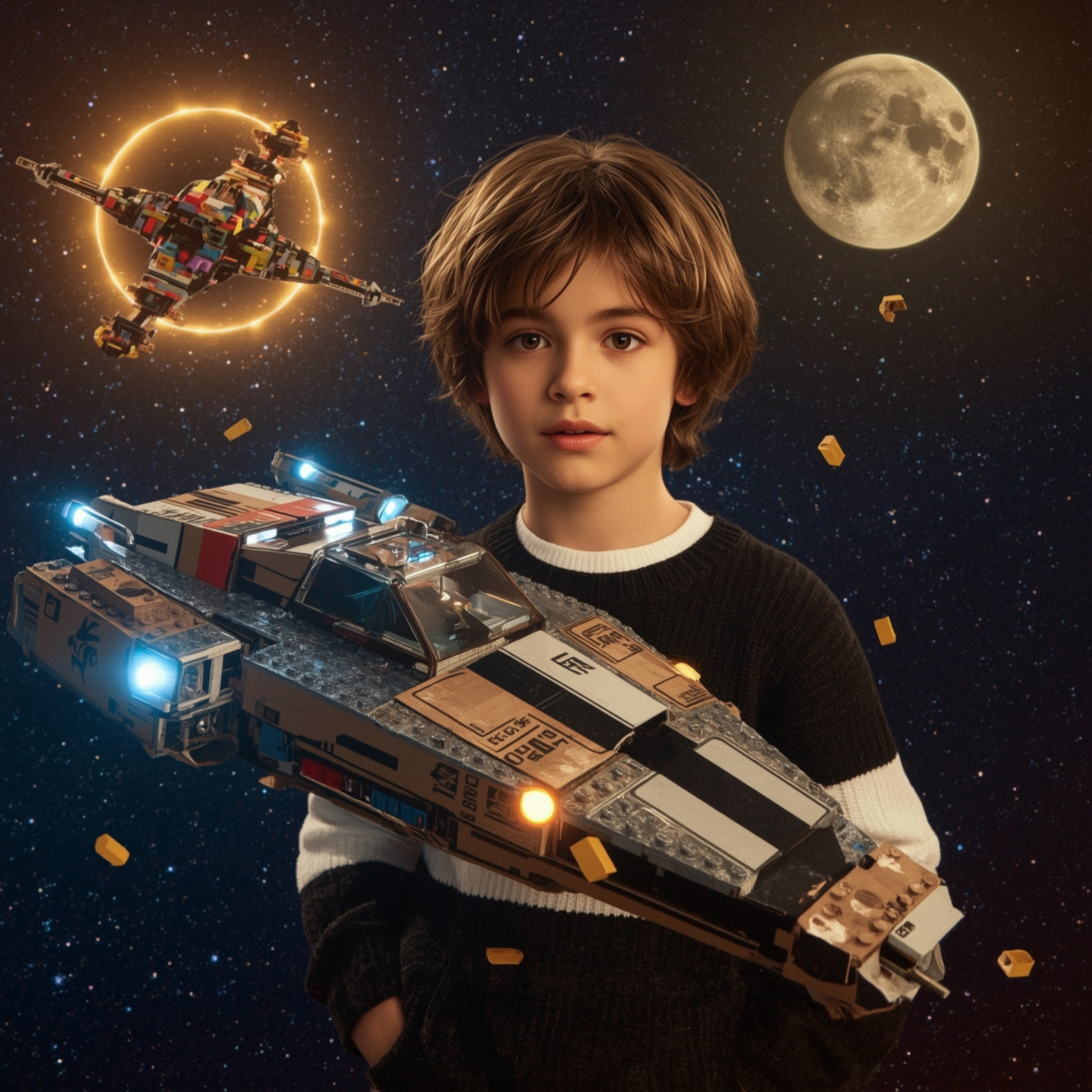 Exquisite high-fashion photography captures a boy with messy brown hair building a magnificent, functional cardboard spaceshi