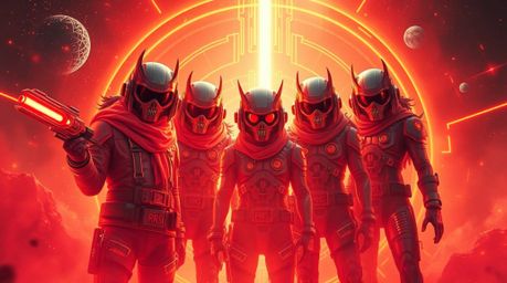 A captivating light art piece showcases a team of misfit heroes in a warm, futuristic sci-fi setting.  The artwork features a