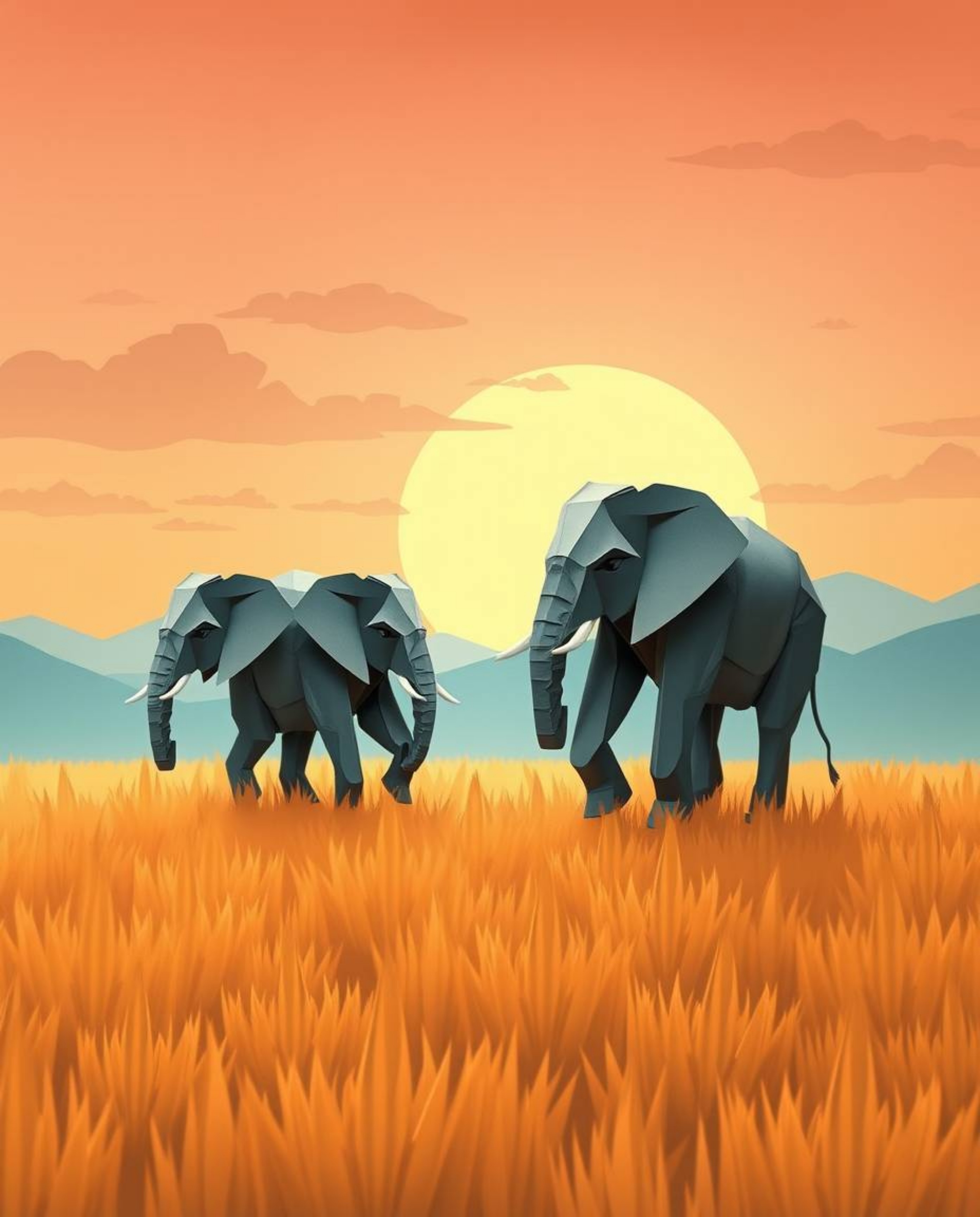 This is an origami-style illustration of elephants walking across a field at sunset, set within a mystic and enchanting envir