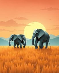 This is an origami-style illustration of elephants walking across a field at sunset, set within a mystic and enchanting envir