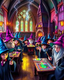 Immerse yourself in a magical school teeming with young wizards, brought to life with vibrant, electric colors. This captivat