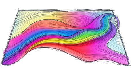 This digital art piece features a high-angle view of neon gradient textures flowing across a liquid surface. The hand-drawn s