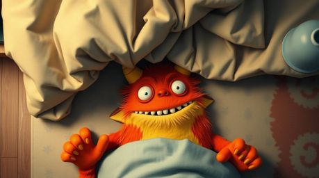 A heartwarming bird's-eye perspective captures a friendly monster under a child's bed, forging an unlikely friendship. The sc