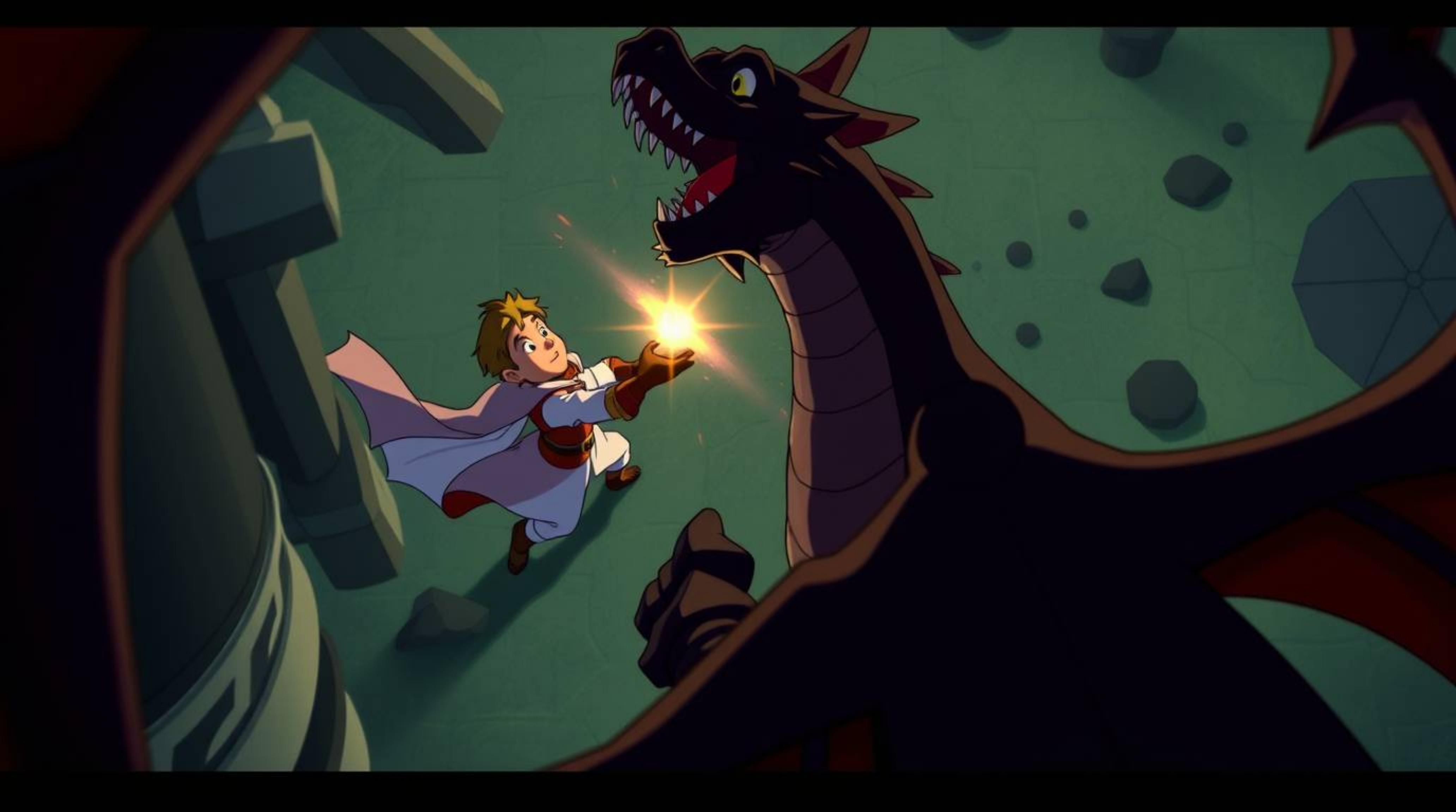 Witness a captivating scene from a high angle perspective, showcasing a charming prince locked in an epic battle with a fears