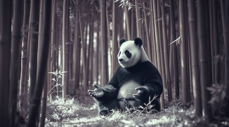 Explore the surreal and otherworldly with an image of a martial artist panda meditating peacefully within a bamboo forest, ca