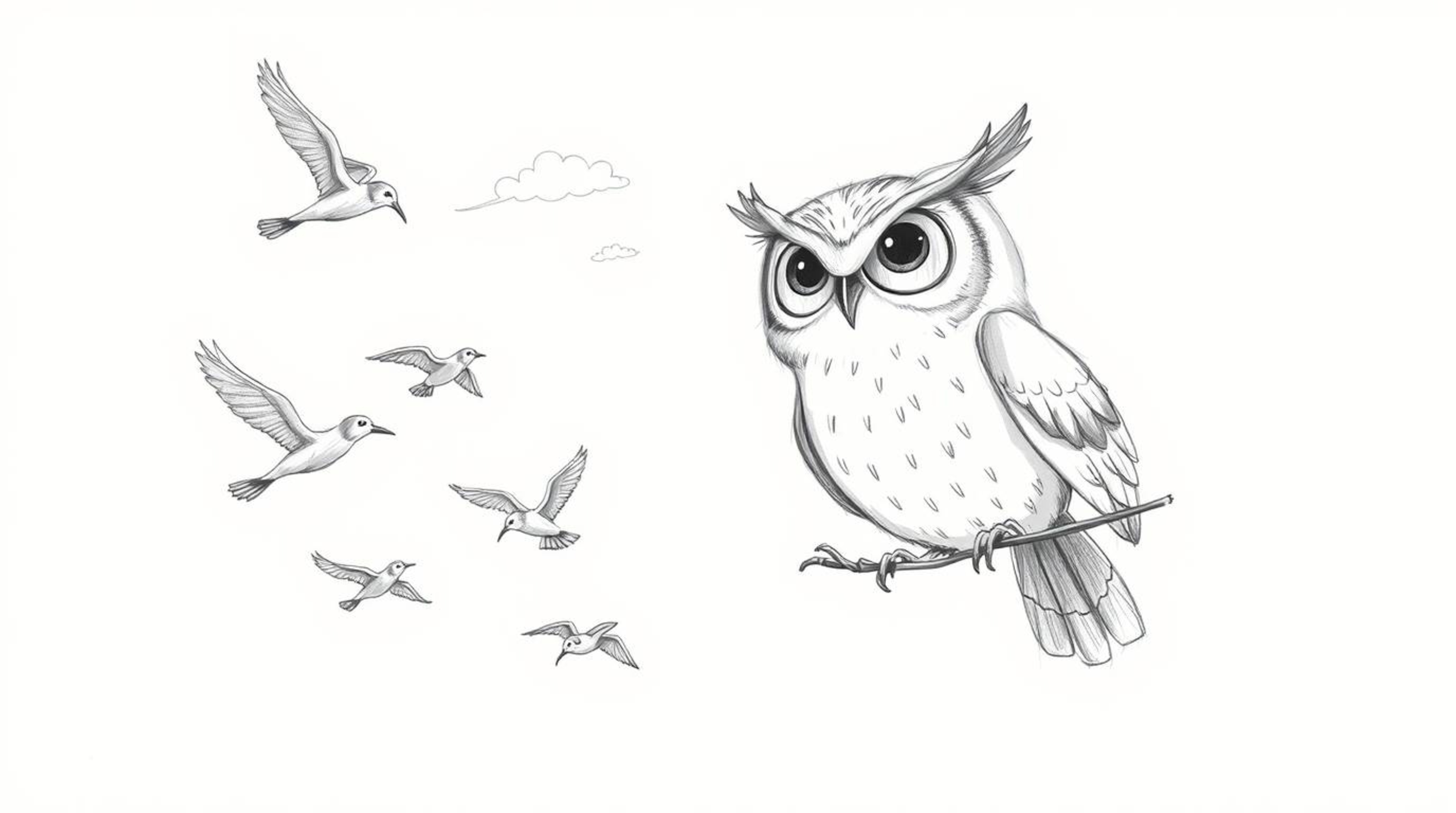 This is a whimsical hand-drawn sketch, created in the heartwarming style of Pixar, which portrays a blind owl with a kind exp