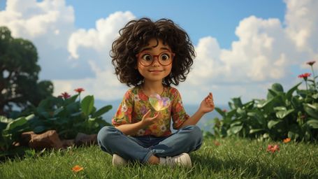 A highly detailed, high-resolution stock photo shows a bright-eyed, curly-haired young girl with oversized glasses, dressed i