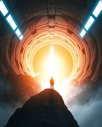 An epic and vibrant scene depicts a person heroically standing at the edge of a tunnel, captivated by the bright light emanat