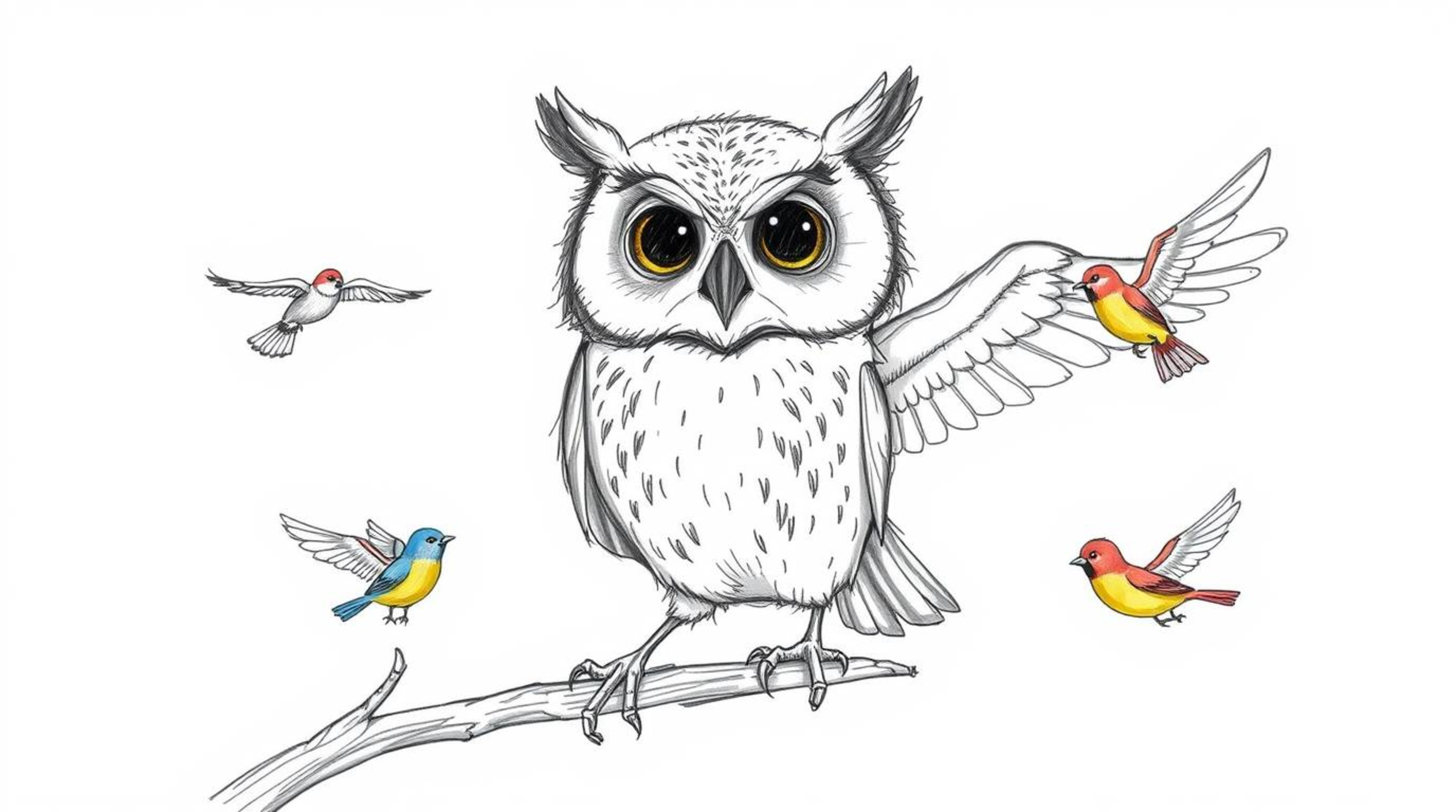 A charming hand-drawn sketch in the style of Pixar depicts a wise, blind owl with soft feathers and expressive eyes teaching 