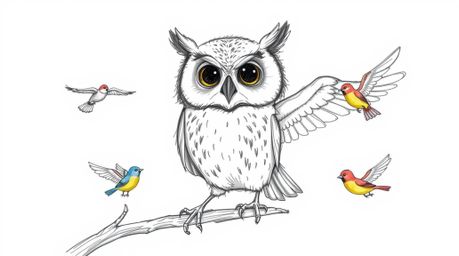 A charming hand-drawn sketch in the style of Pixar depicts a wise, blind owl with soft feathers and expressive eyes teaching 