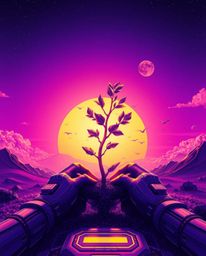This captivating illustration showcases a futuristic sci-fi scene rendered in deep ultraviolet hues, focusing on adorable han