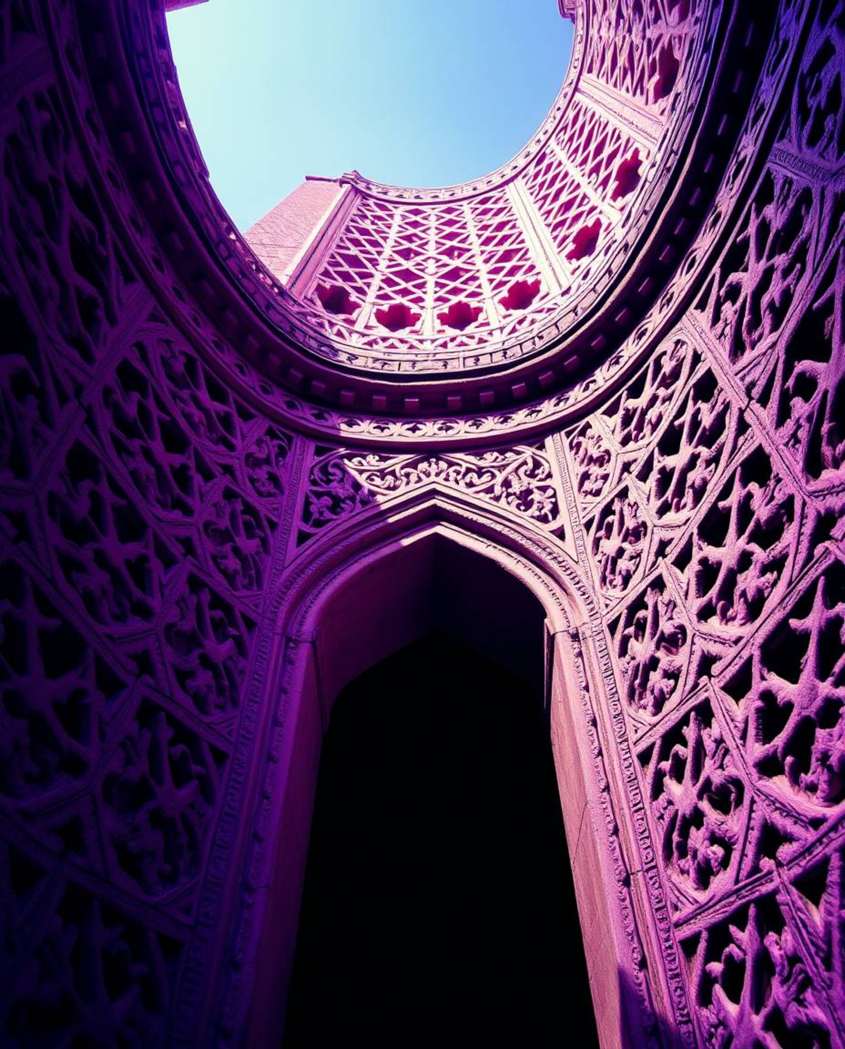 Explore the mesmerizing beauty of Islamic geometric stone carving, captured with intricate detail and dramatic lighting.  The