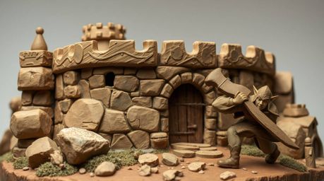 This sculpted clay art piece captures the tense moment of a thief sneaking into a heavily guarded castle. The artwork, render